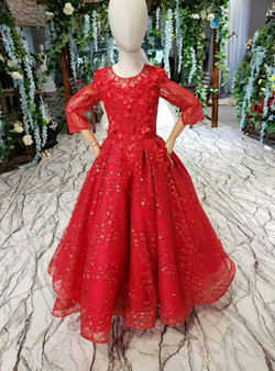 Fashionable Red Tulle Sequins Long Sleeve Appliques Beading Flower Girl Dress